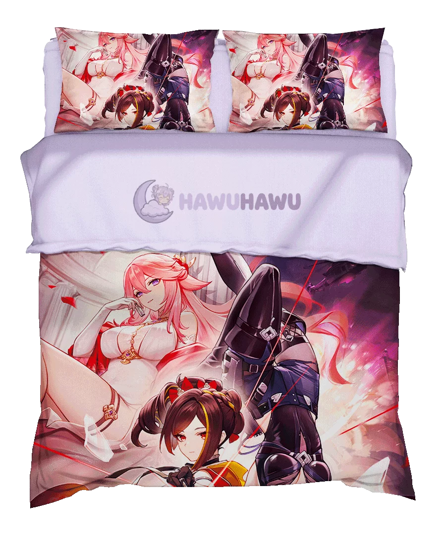 Yae Miko&Chiori Genshin Impact Bettwäsche Set 4-teilig HD Print - HaWuHaWu